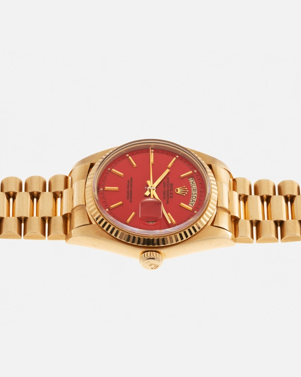 Rolex,Day-Date 36 36mm,36mm,Yellow Gold,Red,Automatic,Date,Day,1803 Stella Coral Red President