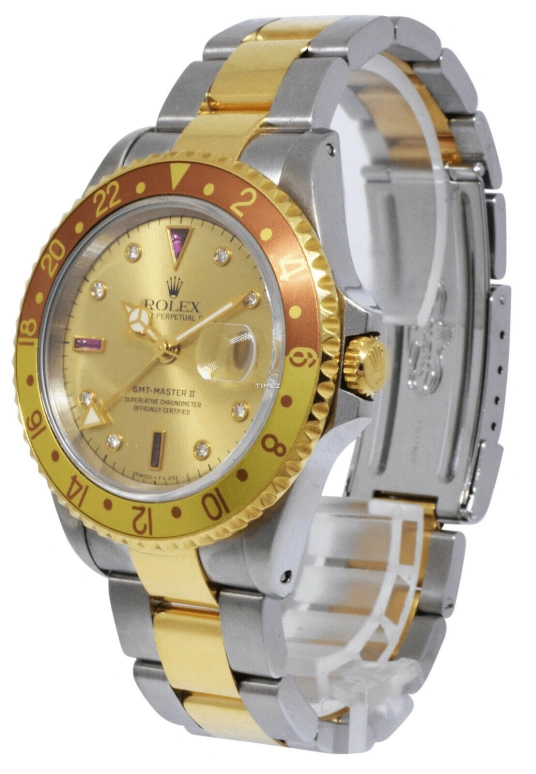 Rolex,GMT-Master II 40mm,40mm,Oystersteel,Yellow Gold,Gold,Automatic,Day,Dule Time,Jason Momoa,16713 ROOTBEER SERTI DIAL