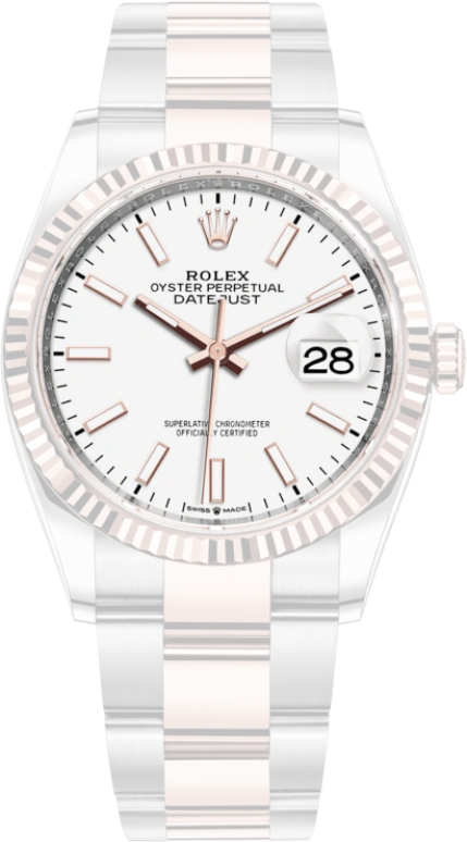 Rolex,Datejust 36 36mm,36mm,Rose Gold,Stainless Steel,White,Automatic,Day,70hours,126231,126231-0018