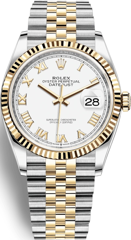 Rolex,Datejust 36 36mm,36mm,Yellow Gold,Stainless Steel,White,Automatic,Day,70hours,126233,126233-0029