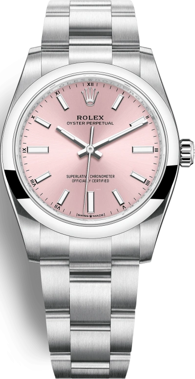 Rolex,Oyster Perpetual 34mm,34mm,Stainless Steel,Pink,Automatic,55hours,In-house Caliber,124200,124200-0004