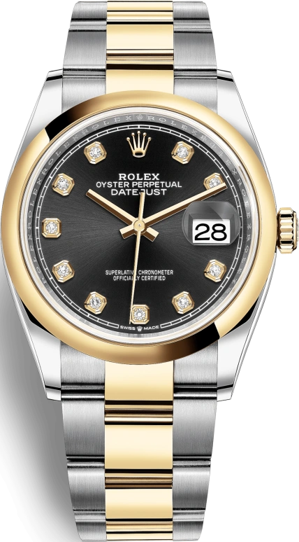 Rolex,Datejust 36 36mm,36mm,Yellow Gold,Stainless Steel,Black,Automatic,Day,70hours,126203,126203-0022