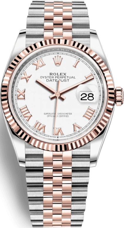 Rolex,Datejust 36 36mm,36mm,Rose Gold,Stainless Steel,White,Automatic,Day,70hours,126231,126231-0015