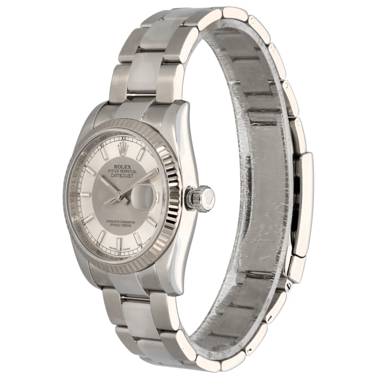 Rolex,Datejust 36 36mm,36mm,Stainless Steel,White Gold,Silver,White,Automatic,Day,48hours,116234 Silver Tuxedo Oyster