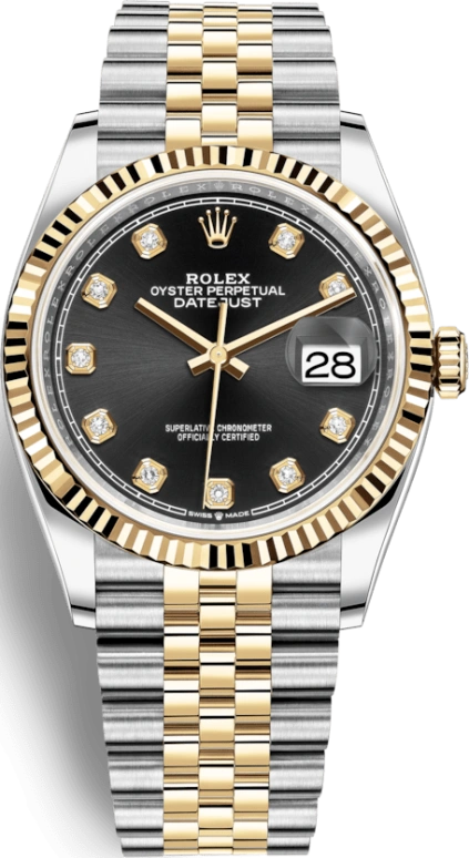 Rolex,Datejust 36 36mm,36mm,Yellow Gold,Stainless Steel,Black,Automatic,Day,70hours,126233,126233-0021