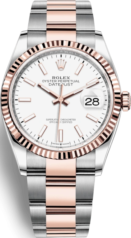 Rolex,Datejust 36 36mm,36mm,Rose Gold,Stainless Steel,White,Automatic,Day,70hours,126231,126231-0018