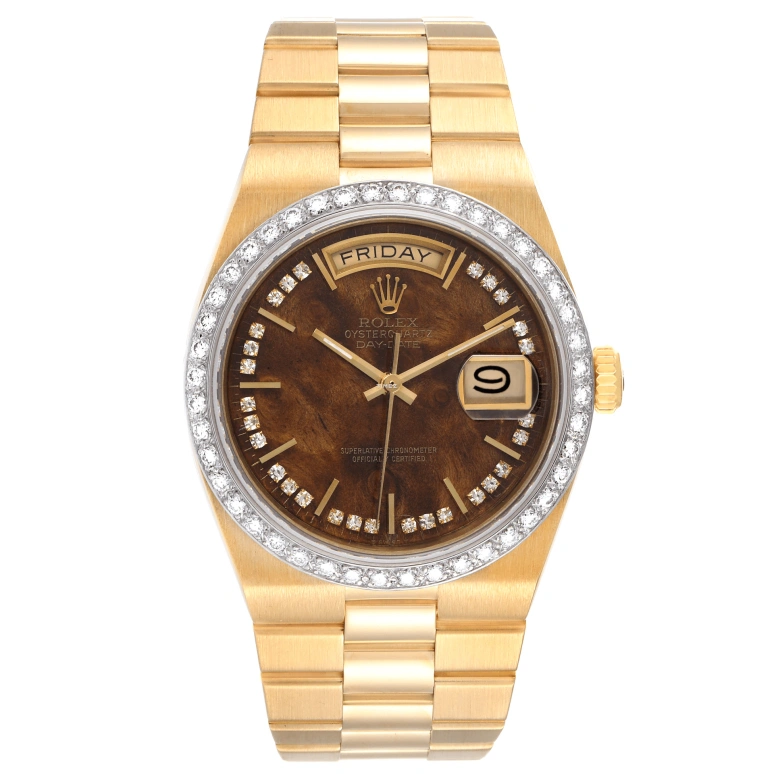 Rolex,Day-Date 36 36mm,36mm,Yellow Gold,Brown,Quartz,Date,Day,19048 Wood Diamond
