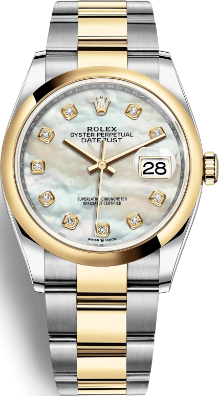 Rolex,Datejust 36 36mm,36mm,Yellow Gold,Stainless Steel,White,Automatic,Day,70hours,126203,126203-0024