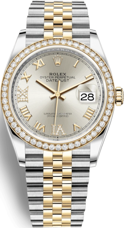 Rolex,Datejust 36 36mm,36mm,Yellow Gold,Stainless Steel,Silver,Automatic,Day,70hours,126283RBR,126283RBR-0017