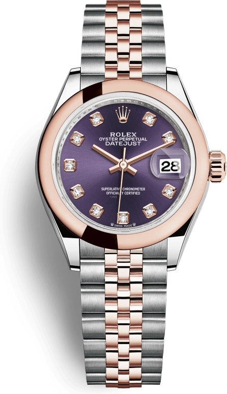Rolex,Lady-Datejust 28mm,28mm,Rose Gold,Stainless Steel,Purple,Automatic,Day,55hours,279161,279161-0015