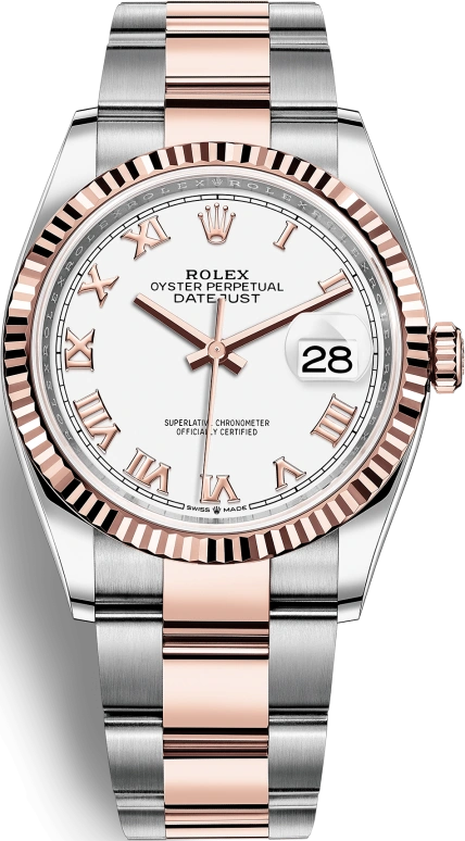 Rolex,Datejust 36 36mm,36mm,Rose Gold,Stainless Steel,White,Automatic,Day,70hours,126231,126231-0016
