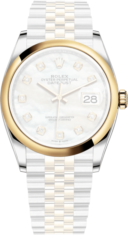 Rolex,Datejust 36 36mm,36mm,Yellow Gold,Stainless Steel,White,Automatic,Day,70hours,126203,126203-0023