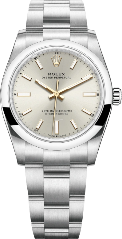 Rolex,Oyster Perpetual 34mm,34mm,Stainless Steel,Silver,Automatic,55hours,In-house Caliber,124200,124200-0001