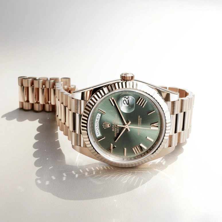 Rolex,Day-Date 40 40mm,40mm,Rose Gold,Green,Automatic,Date,Day,Carmelo Anthony,LeBron James,228235,228235-0025