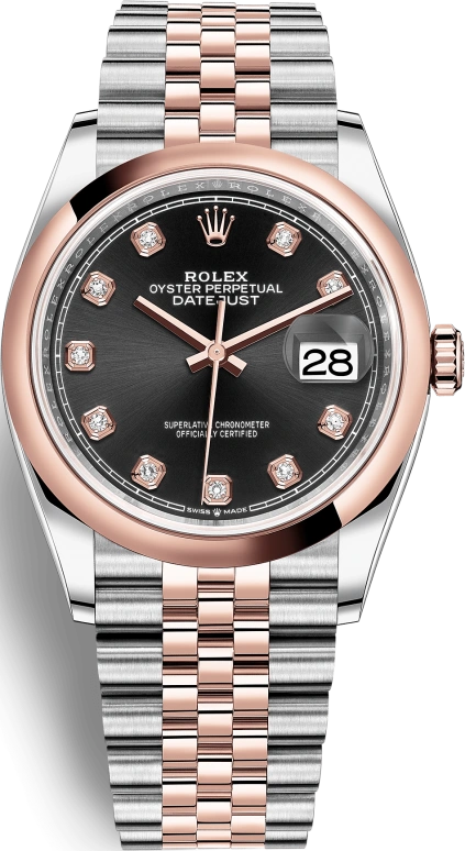 Rolex,Datejust 36 36mm,36mm,Rose Gold,Stainless Steel,Black,Automatic,Day,70hours,126201,126201-0019