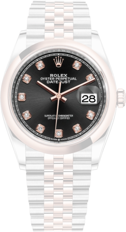 Rolex,Datejust 36 36mm,36mm,Rose Gold,Stainless Steel,Black,Automatic,Day,70hours,126201,126201-0019