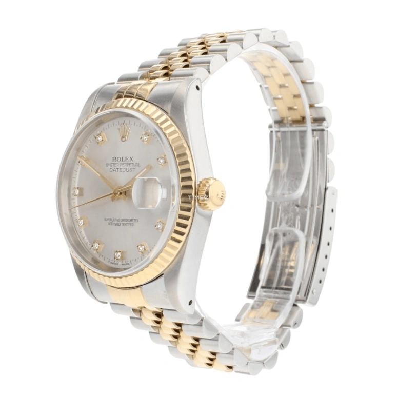 Rolex,Datejust 36 36mm,36mm,Stainless Steel,Yellow Gold,Silver,Automatic,Day,48hours,16233 Silver Diamond
