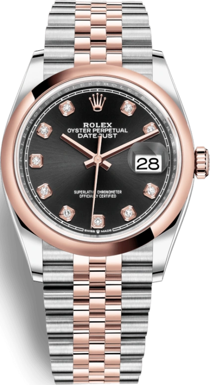 Rolex,Datejust 36 36mm,36mm,Rose Gold,Stainless Steel,Black,Automatic,Day,70hours,126201,126201-0019