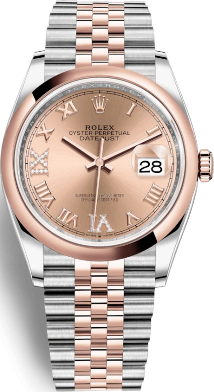 Rolex,Datejust 36 36mm,36mm,Rose Gold,Stainless Steel,Rose,Automatic,Day,70hours,126201,126201-0027