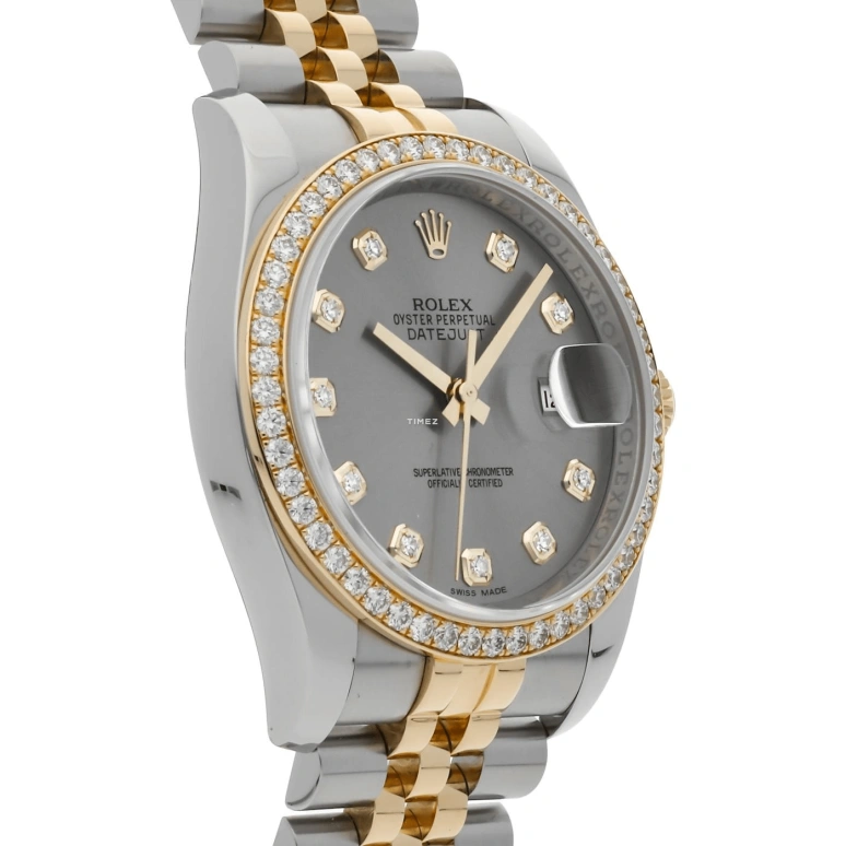 Rolex,Datejust 36 36mm,36mm,Yellow Gold,Stainless Steel,Grey,Automatic,Day,48hours,116243,116243-0023