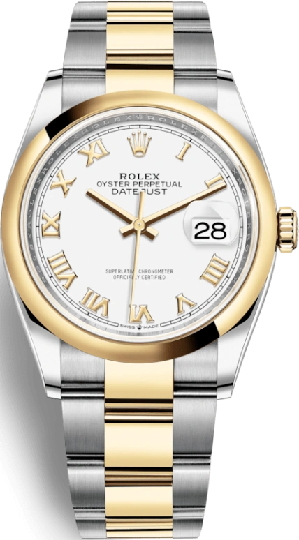 Rolex,Datejust 36 36mm,36mm,Yellow Gold,Stainless Steel,White,Automatic,Day,70hours,126203,126203-0030