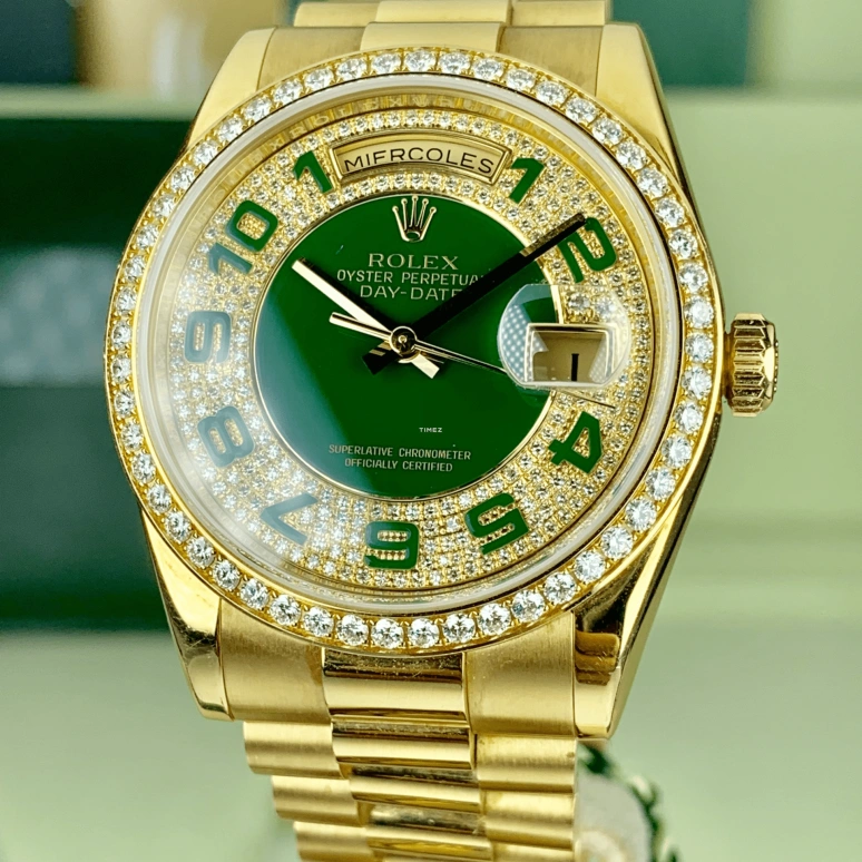 Rolex,Day-Date 36 36mm,36mm,Yellow Gold,Green,Automatic,Date,Day,118348,118348-83208 DPA