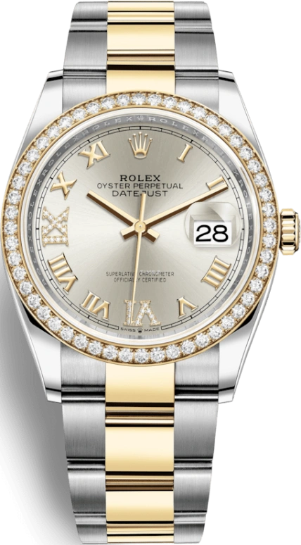 Rolex,Datejust 36 36mm,36mm,Yellow Gold,Stainless Steel,Silver,Automatic,Day,70hours,126283RBR,126283RBR-0018