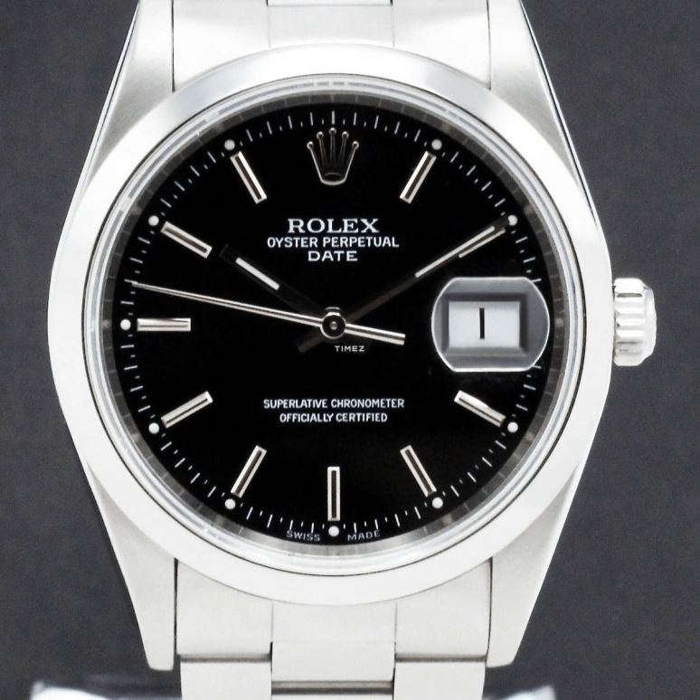 Rolex,Date 34mm,34mm,Stainless Steel,Black,Automatic,Day,48hours,15200 Black