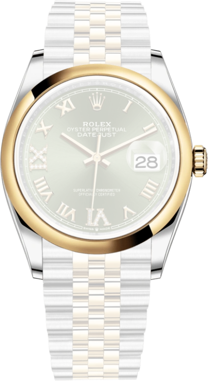 Rolex,Datejust 36 36mm,36mm,Yellow Gold,Stainless Steel,Green,Automatic,Day,70hours,126203,126203-0025
