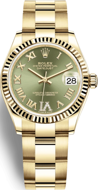 Rolex,Datejust 31 31mm,31mm,Yellow Gold,Green,Automatic,Day,55hours,278278,278278-0029