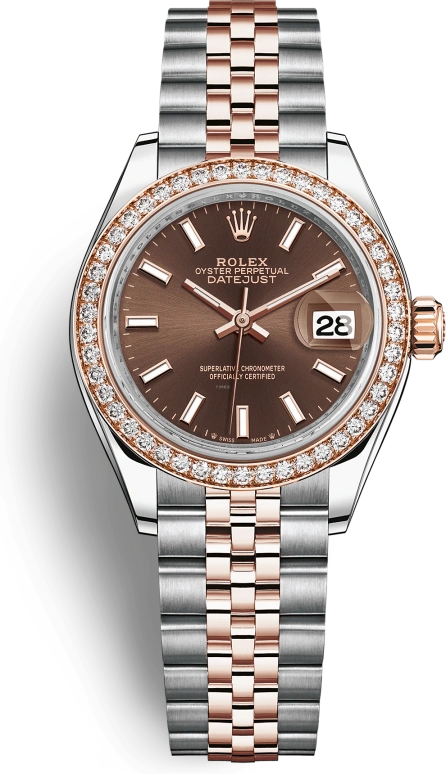 Rolex,Lady-Datejust 28mm,28mm,Rose Gold,Stainless Steel,Brown,Chocolate,Automatic,Day,55hours,279381RBR,279381RBR-0017