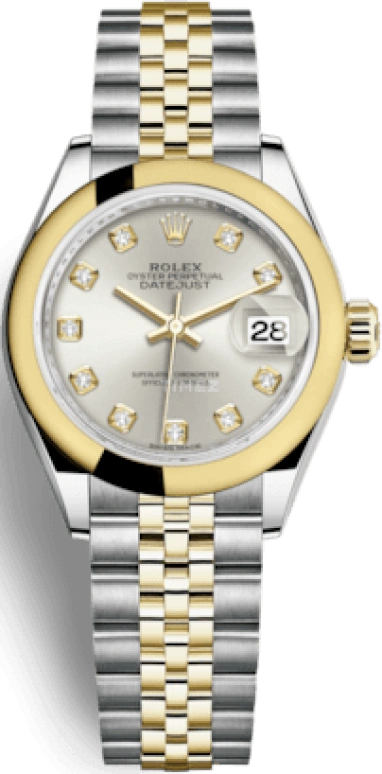 Rolex,Lady-Datejust 28mm,28mm,Yellow Gold,Stainless Steel,Silver,Automatic,Day,55hours,279163,279163-0007