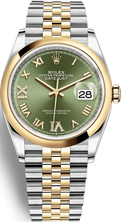 Rolex,Datejust 36 36mm,36mm,Yellow Gold,Stainless Steel,Green,Automatic,Day,70hours,126203,126203-0025