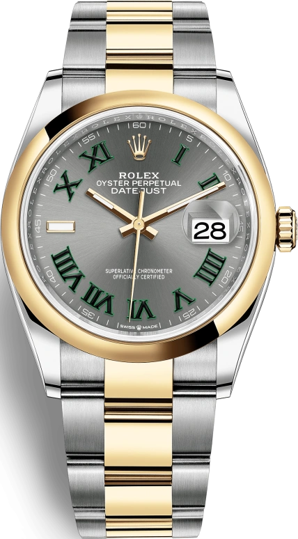 Rolex,Datejust 36 36mm,36mm,Yellow Gold,Stainless Steel,Grey,Automatic,Day,70hours,126203,126203-0036