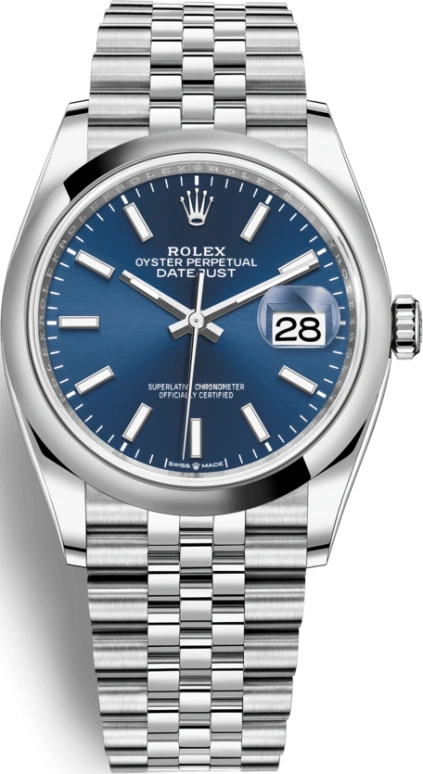 Rolex,Datejust 36 36mm,36mm,Stainless Steel,Blue,Automatic,Day,70hours,126200,126200-0005