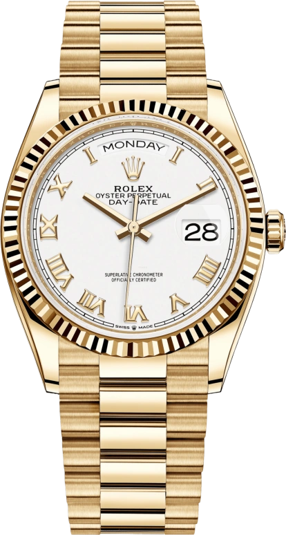 Rolex,Day-Date 36 36mm,36mm,Yellow Gold,White,Automatic,Date,Day,128238,128238-0076