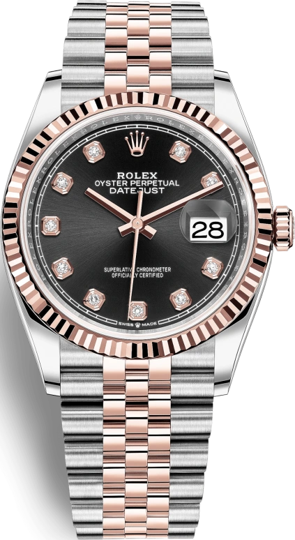 Rolex,Datejust 36 36mm,36mm,Rose Gold,Stainless Steel,Black,Automatic,Day,70hours,126231,126231-0019