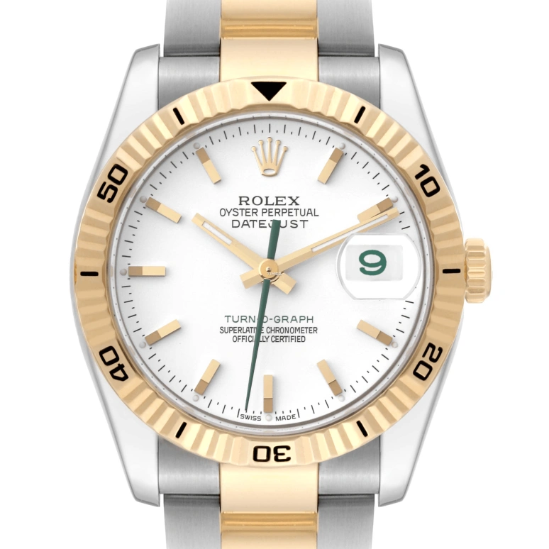 Rolex,Datejust 36 36mm,36mm,Stainless Steel,Yellow Gold,White,Automatic,Day,48hours,116263 Turn,116263 Turn-O-Graph white Oyster Green Hand