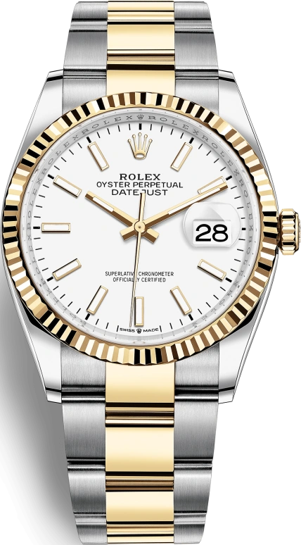 Rolex,Datejust 36 36mm,36mm,Yellow Gold,Stainless Steel,White,Automatic,Day,70hours,126233,126233-0020