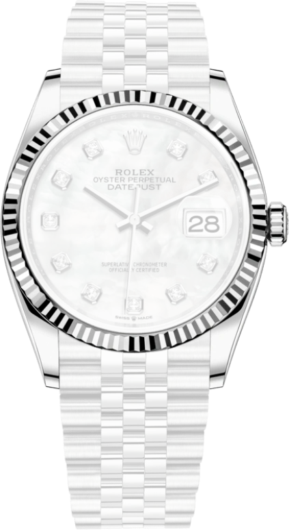 Rolex,Datejust 36 36mm,36mm,White Gold,Oystersteel,White,Automatic,Day,70hours,126234,126234-0019