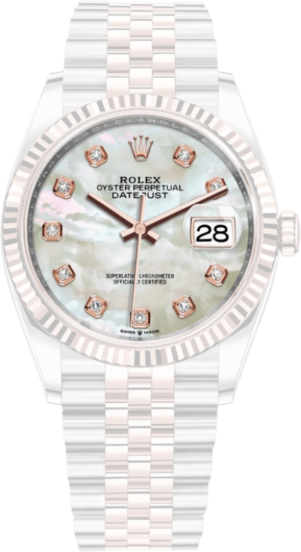 Rolex,Datejust 36 36mm,36mm,Rose Gold,Stainless Steel,White,Automatic,Day,70hours,126231,126231-0021