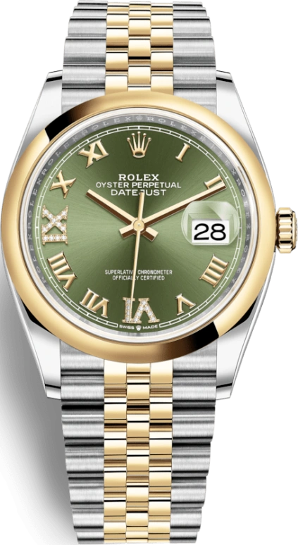 Rolex,Datejust 36 36mm,36mm,Yellow Gold,Stainless Steel,Green,Automatic,Day,70hours,126203,126203-0025