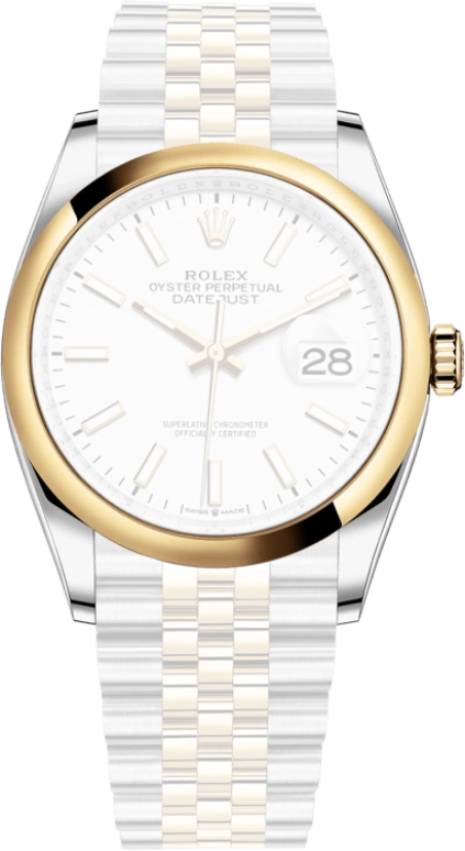 Rolex,Datejust 36 36mm,36mm,Yellow Gold,Stainless Steel,White,Automatic,Day,70hours,126203,126203-0019