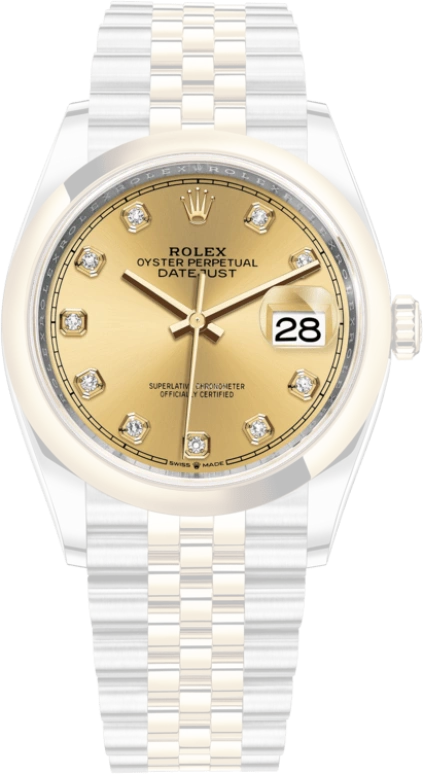 Rolex,Datejust 36 36mm,36mm,Yellow Gold,Stainless Steel,Champagne,Automatic,Day,70hours,126203,126203-0017