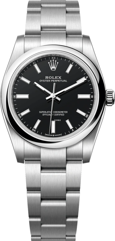 Rolex,Oyster Perpetual 34mm,34mm,Oystersteel,Black,Automatic,55hours,In-house Caliber,124200,124200-0010