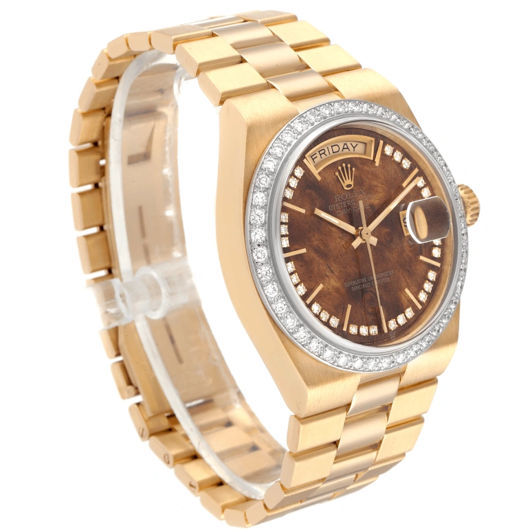 Rolex,Day-Date 36 36mm,36mm,Yellow Gold,Brown,Quartz,Date,Day,19048 Wood Diamond