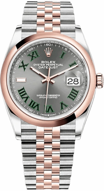 Rolex,Datejust 36 36mm,36mm,Rose Gold,Stainless Steel,Grey,Automatic,Day,70hours,126201,126201-0029