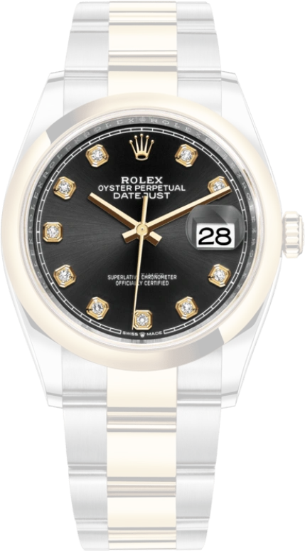 Rolex,Datejust 36 36mm,36mm,Yellow Gold,Stainless Steel,Black,Automatic,Day,70hours,126203,126203-0022