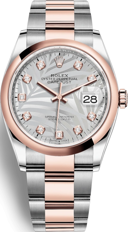 Rolex,Datejust 36 36mm,36mm,Rose Gold,Stainless Steel,Silver,Automatic,Day,70hours,126201,126201-0038