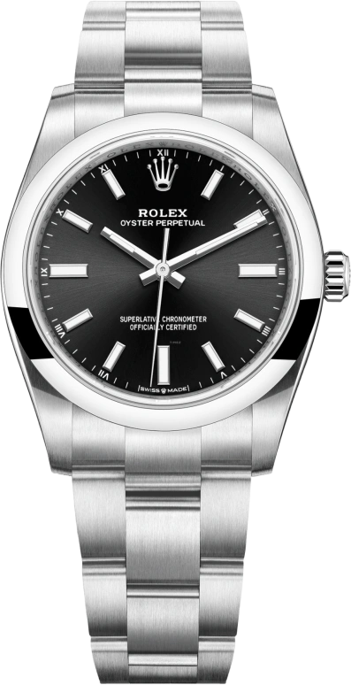 Rolex,Oyster Perpetual 34mm,34mm,Stainless Steel,Black,Automatic,55hours,In-house Caliber,124200,124200-0002
